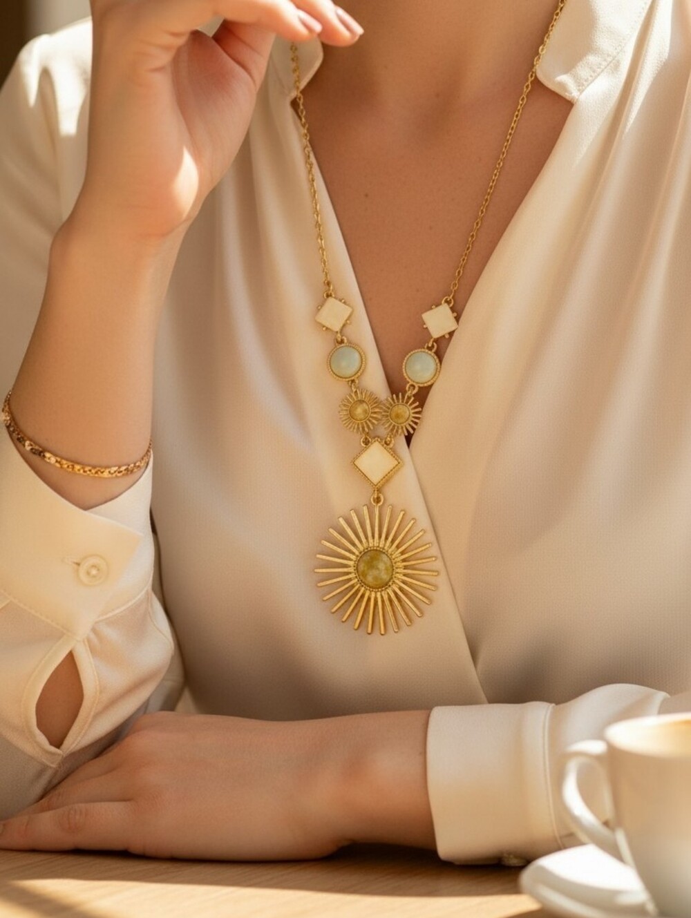 High End Geometric & Abstract Sunburst Aesthetic Necklace 20". New